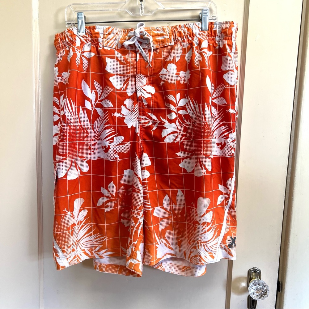 Zeroxposur Mens XXL Hawaiian Print Board Shorts Orange Hibiscus
